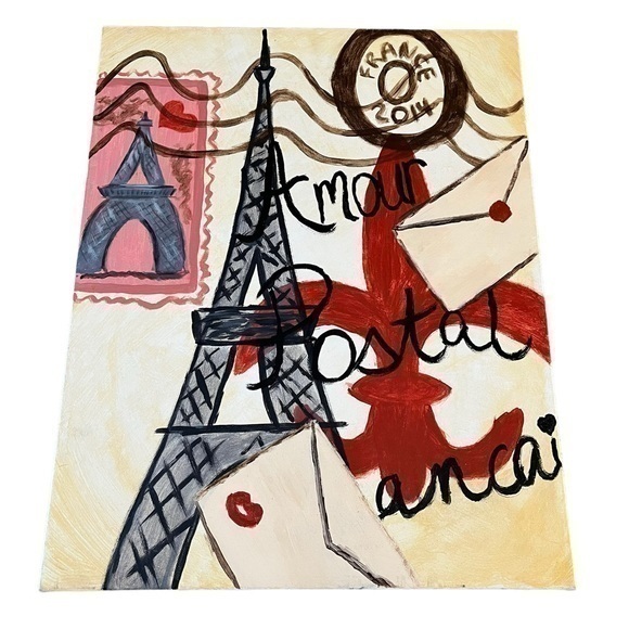 Postal France Eiffel Tower Art Canvas Carte Postale Painting Acrylic on Canvas - Picture 1 of 3